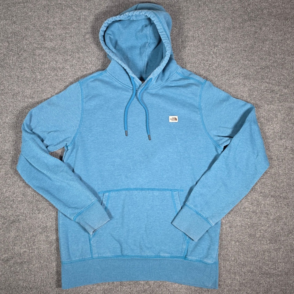 The North Face Mens Blue Heathered Pullover Hoodie Small Logo Patch Medium